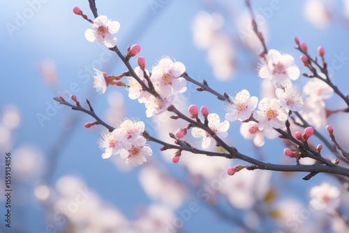 Beautiful plum tree branches are blooming with delicate pink and white flowers against a clear blue sky, celebrating the arrival of spring