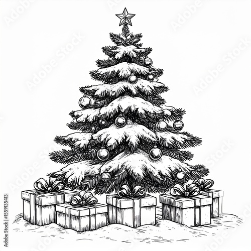 Christmas Tree with Gifts in Black and White Drawing Style for Festive Season