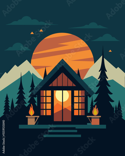 As the sun sets I light up some candles and continue working in the coziness of my chalet feeling grateful for the flexibility of my digital nomad lifestyle.. Vector illustration