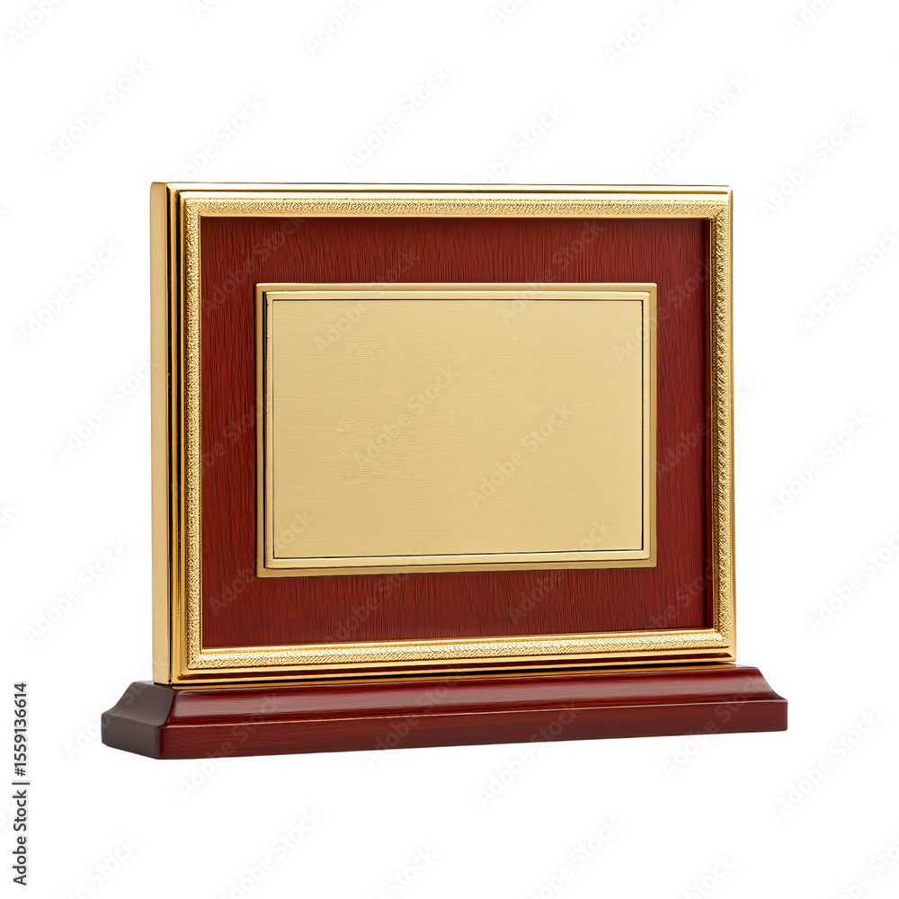 Fototapeta premium An award, rectangular in shape, made of rosewood with gold trim and a blank center for engraving on the front, standing at an angle isolated on a transparent background in PNG format.