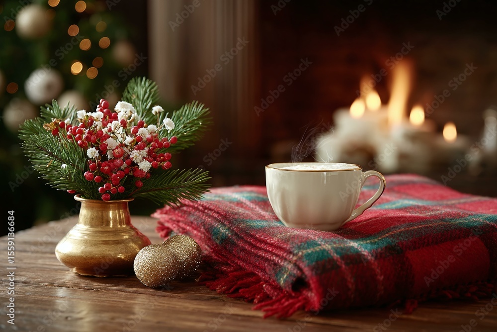 Cozy Christmas Fireplace Decor with Coffee and Blanket Cozy Christmas Fireplace Decor with Coffee and Blanket