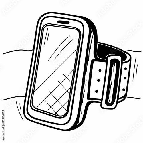 Black and white illustration of a phone armband holder sport