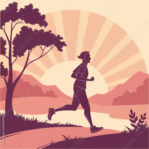 Silhouette runner morning landscape sunrise jogging
