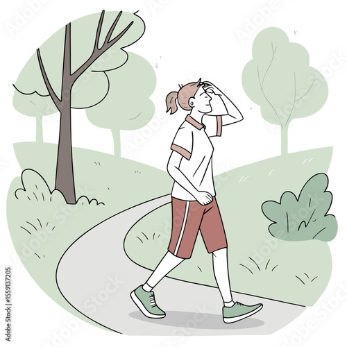 Woman jogging wiping sweat from forehead on park path trees