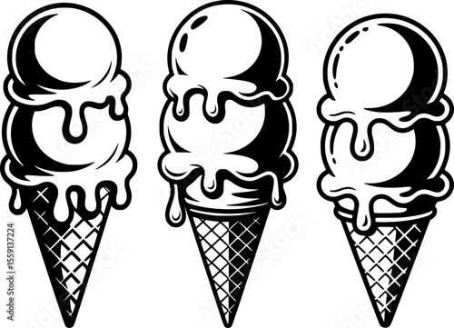 Bold black silhouette of three dripping ice cream cones with textured waffle patterns in comic-style line art, ideal for summer, dessert, and retro-themed designs

