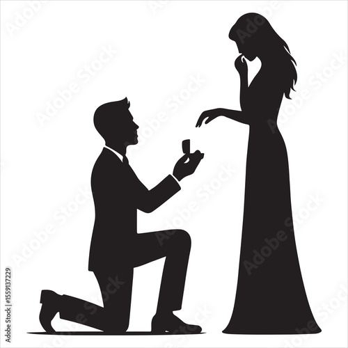 Man in suit kneeling proposing marriage to woman in dress silhouette