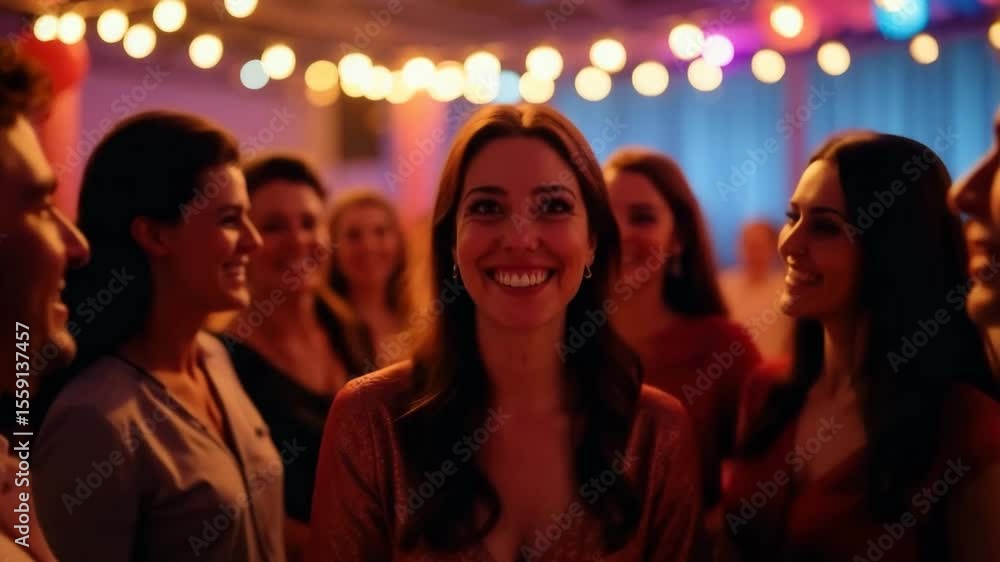 A group of diverse young adults socialize at a festive gathering. They are smiling and enjoying the atmosphere with colorful lights in the background. A group of diverse young adults socialize at a festive gathering. They are smiling and enjoying the atmosphere with colorful lights in the background.