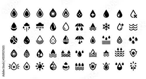Waterproof Icon Set – Editable Stroke Vector with Water Protection, Hydrophobic, Water Resistant, Anti-Wetting, Rain, Moisture, and Weatherproof Symbols

