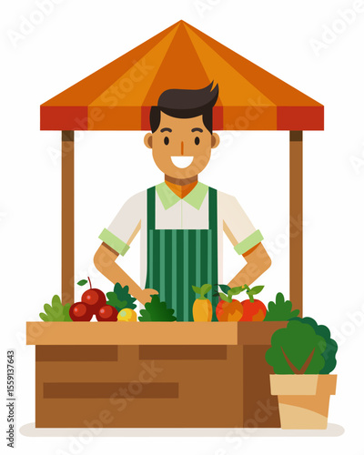 A market vendor proudly displaying their fresh produce grown with the help of compost made from the scraps and leftovers from their stall.. Vector illustration