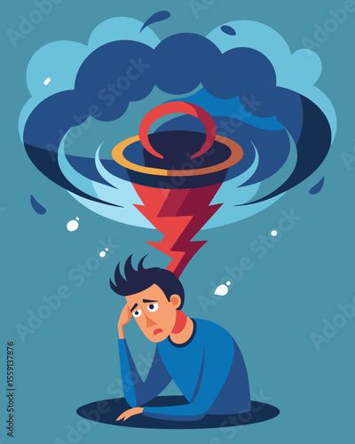 The turmoil within him was like a powerful tornado ripping apart his thoughts and leaving him reeling in a vortex of conflicting feelings.. Vector illustration