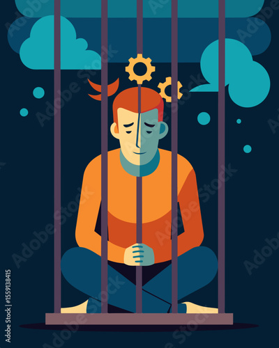 He was like a prisoner ped in a grubby cell his mind consumed by endless loops of dark thoughts.. Vector illustration