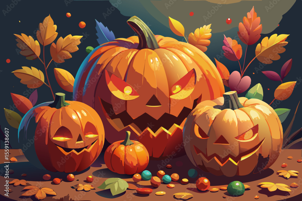 Spooky Jack-o'-Lantern Pumpkins with Creepy Faces, Candy Corn, and Autumn Leaves in a Festive Halloween Illustration on Dark Background – Generative AI Spooky Jack-o'-Lantern Pumpkins with Creepy Faces, Candy Corn, and Autumn Leaves in a Festive Halloween Illustration on Dark Background – Generative AI