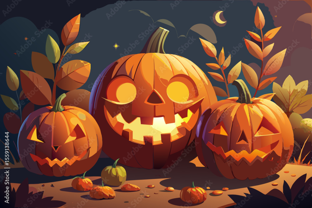 Spooky Jack-o'-Lantern Pumpkins with Creepy Faces, Candy Corn, and Autumn Leaves in a Festive Halloween Illustration on Dark Background – Generative AI Spooky Jack-o'-Lantern Pumpkins with Creepy Faces, Candy Corn, and Autumn Leaves in a Festive Halloween Illustration on Dark Background – Generative AI