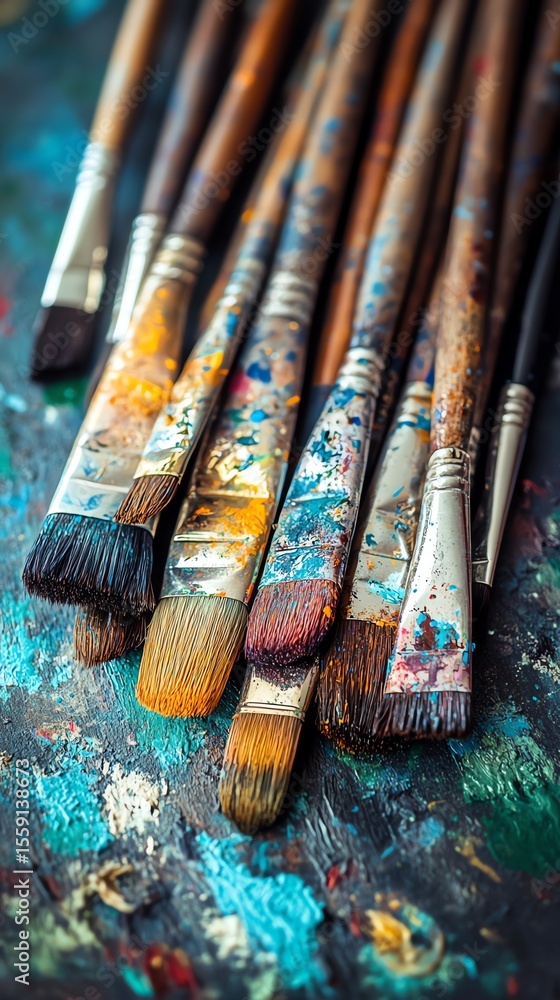 Fototapeta premium Set of Colorful Paintbrushes with Paint Stains on Artistic Surface for Creative Art Projects