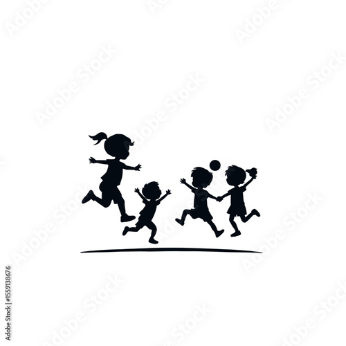 A vector illustration set featuring black silhouettes of children playing and running, and in various sport action poses