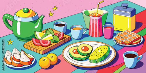 Vibrant breakfast spread with fruit coffee and waffles avocado
