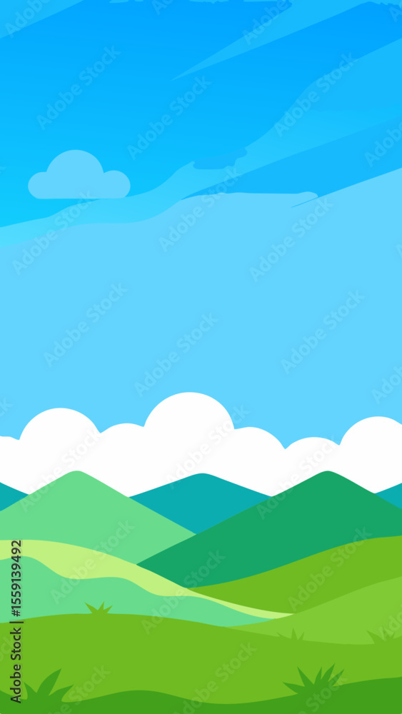 Fototapeta premium Cartoon Landscape with Green Hills Blue Sky and White Clouds
