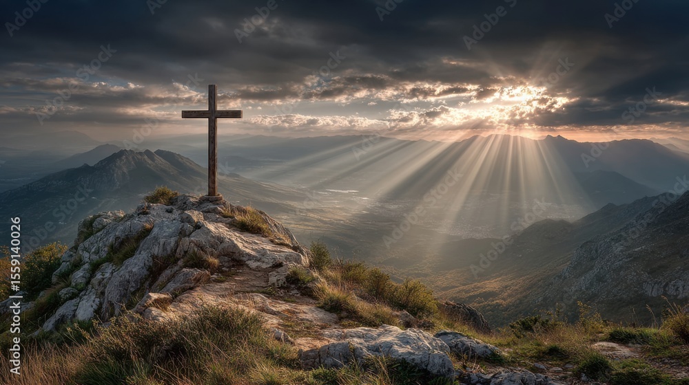 Obraz premium A wooden cross stands on a rocky outcrop under a dramatic sky filled with clouds and sunlight breaking through. Mountains stretch into the distance, creating a serene atmosphere.