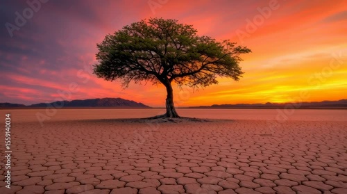 Lone tree on cracked dry desert ground under vibrant orange purple sunset sky with distant mountains horizon creating dramatic peaceful natural landscape scene