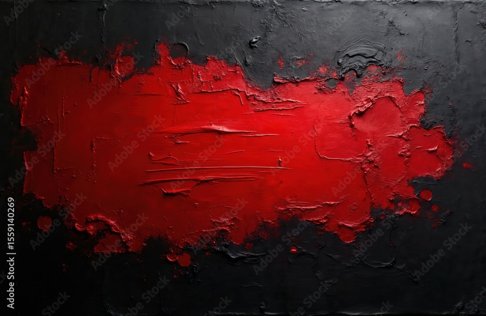 Fototapeta premium Abstract art with red, black colors. Rough, textured surface with paint strokes. Perfect for background, design, covers. Grunge style evokes mood of mystery passion. Red paint smears on dark surface.