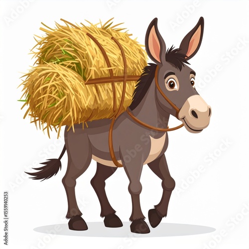 cartoon donkey carrying hay, brown, walking clip art preview