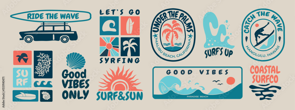 Retro surf club badge collection with ocean waves, palm trees, and tropical sun. Vintage vector emblems for t-shirt prints, beachwear design, summer logos, and coastal branding projects.	