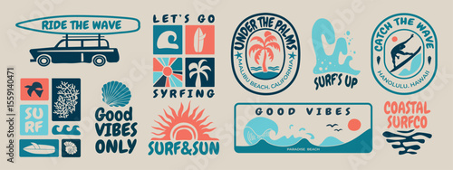 Retro surf club badge collection with ocean waves, palm trees, and tropical sun. Vintage vector emblems for t-shirt prints, beachwear design, summer logos, and coastal branding projects.	