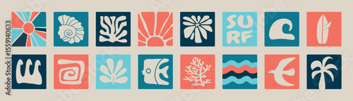 Retro tropical surf vector set featuring waves, sun, surfboards, and palm trees. Perfect for t-shirt prints, summer posters, beach stickers, and coastal branding. Bold vintage color palette.