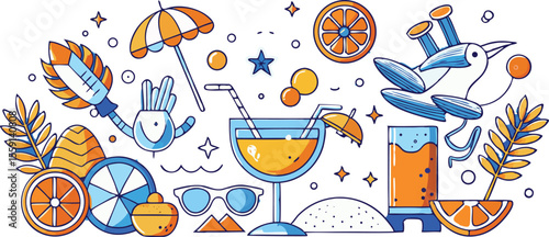 Whimsical summer vacation elements with drinks and nature beach cocktails