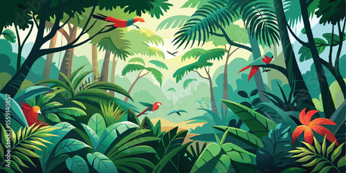 Lush Tropical Rainforest Canopy Vector Illustration Birds, Trees, and Abundant Flora