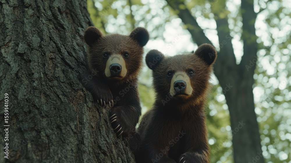 Obraz premium Two bear cubs on a tree trunk