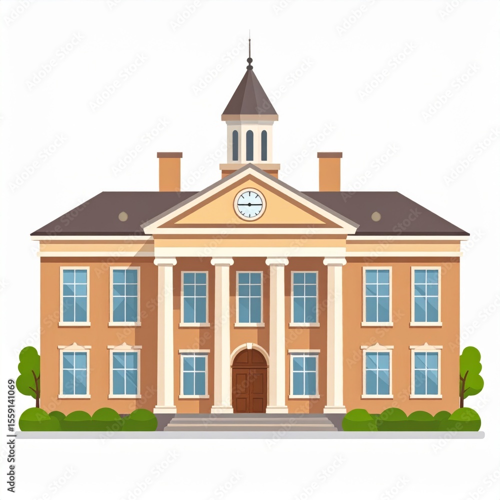 Obraz premium Detailed Classic Building with Columns Clock and Brown Facade Illustration