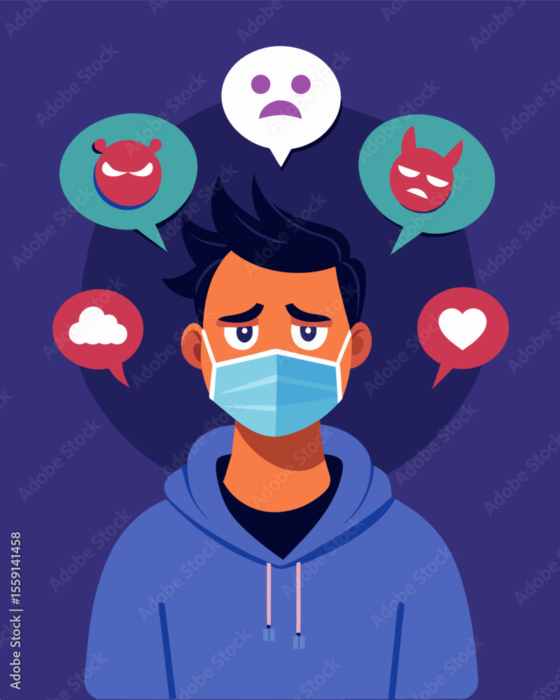 Fototapeta premium Amid the chaos of scrolling through toxic messages and insults on social media a person wears a mask of indifference but the pain can be seen in their clenched jaw.. Vector illustration