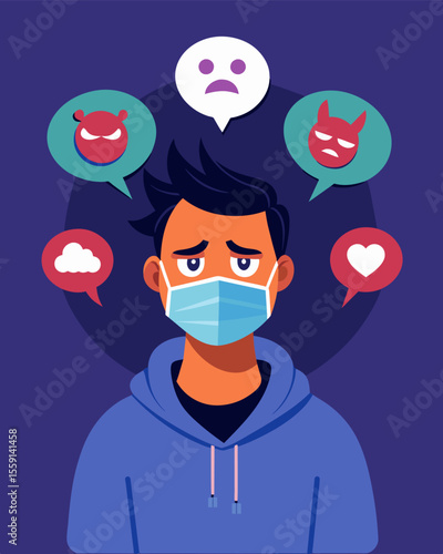 Amid the chaos of scrolling through toxic messages and insults on social media a person wears a mask of indifference but the pain can be seen in their clenched jaw.. Vector illustration