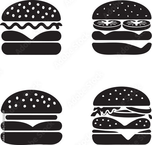 Set of Burger silhouette vector illustration isolated On Transparent Background
