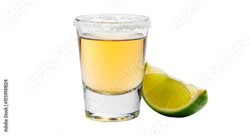 Tequila shot with salt on the rim and a lime wedge, ready to be enjoyed.