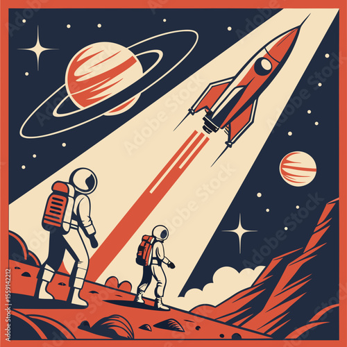 Two astronauts on a planet watching a red rocket ship launch into space near planets and stars art