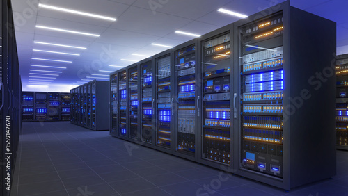 Black storage and processing unit, large AI processing server room, data center storage and network processing room, SSD and hard disk drive storage, and processor cooling system,3D rendering