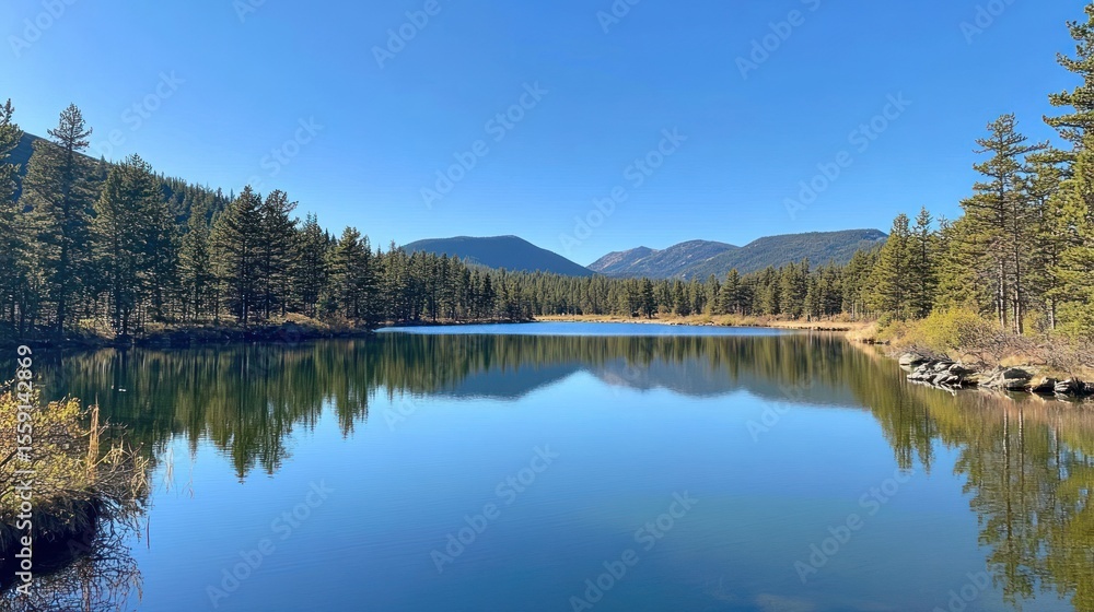 Serene mountain lake reflecting a clear blue sky and distant, softly-lit peaks, framed by evergreens and calm, dark water Serene mountain lake reflecting a clear blue sky and distant, softly-lit peaks, framed by evergreens and calm, dark water