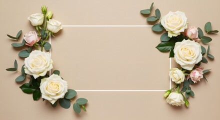 Cream roses and eucalyptus leaves arranged in a decorative frame on a beige background.