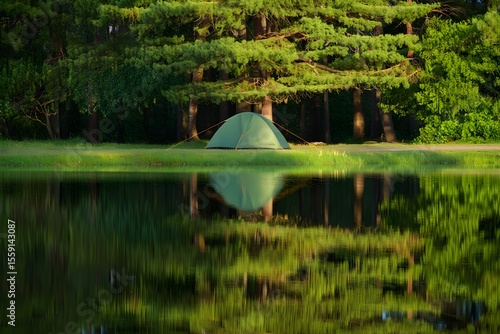 Still lake in a green summer forest reflecting trees and blue sky
