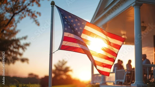 American Flag Waving Proudly in Golden Sunset Light Patriotic Scene with Family Gathering on