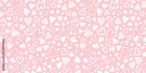 Seamless Pattern with hand drawn different Heart Shapes. White Hearts on Pink background. Endless wallpaper for textile, fabric, packaging, prints, Valentine's Day. Doodle style, vector 