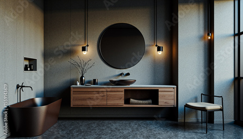 Industrial-style bathroom with exposed pipes, metal bathtub, concrete walls, and dark modern finishes – interior design with raw textures and sophisticated urban aesthetic