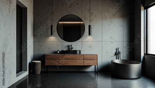Industrial-style bathroom with exposed pipes, metal bathtub, concrete walls, and dark modern finishes – interior design with raw textures and sophisticated urban aesthetic