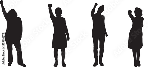 Vector; silhouette of a group of woman standing and fist up