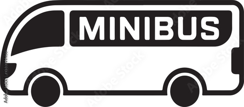 Simple black minibus silhouette with the word minibus on a white background