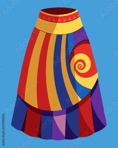 A bold and colorful skirt made from fabric scraps featuring a fun spiral design and unique patchwork details.. Vector illustration