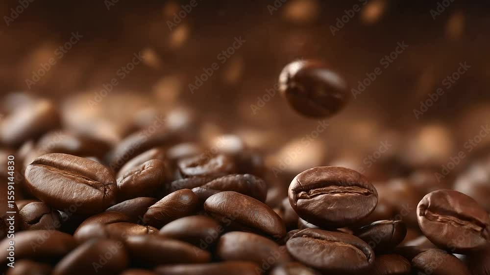 Roasted coffee beans pouring out in a rich cascade, sharp focus on individual beans with detailed texture and oily sheen, background softly blurred to highlight energetic motion an Roasted coffee beans pouring out in a rich cascade, sharp focus on individual beans with detailed texture and oily sheen, background softly blurred to highlight energetic motion an