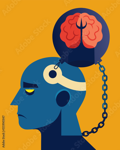 Like a prisoner in shackles the mind is bound and unable to fully explore and express itself.. Vector illustration